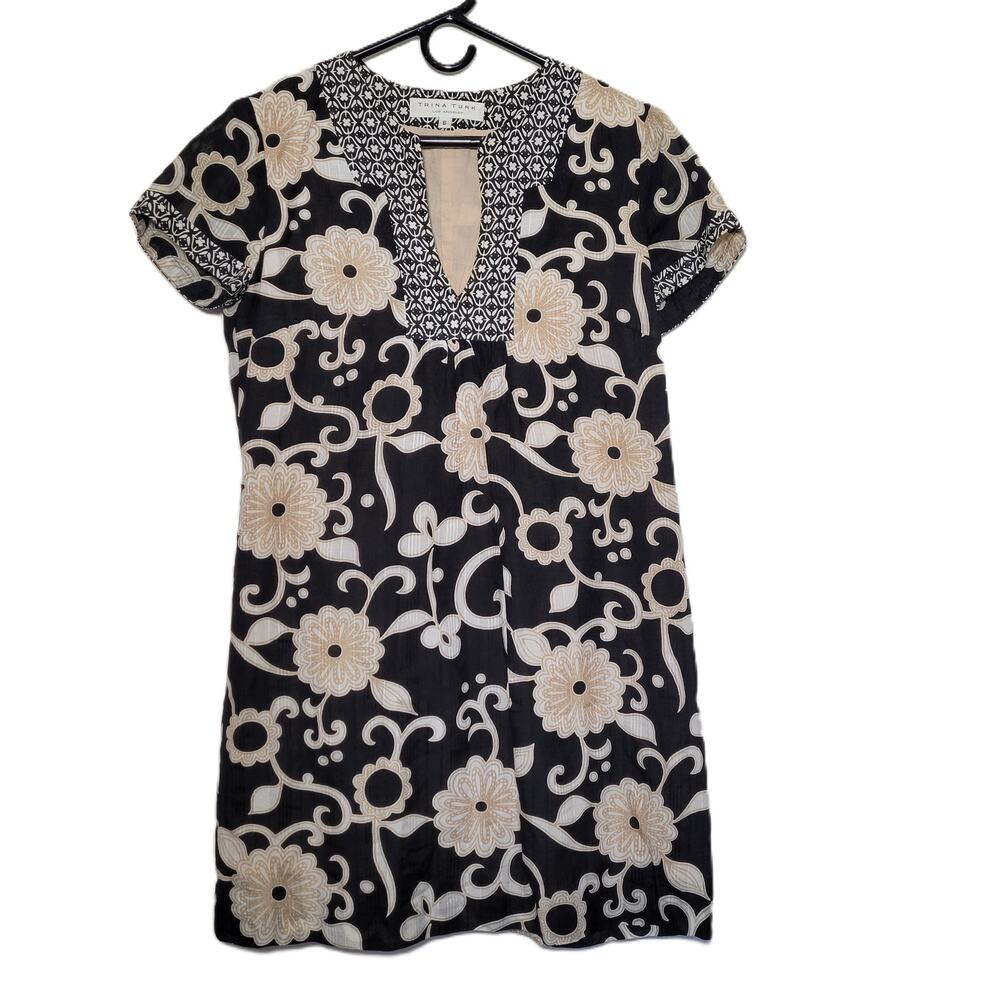 Trina Turk  Womens Black Floral Boho Travel Career Dress‎ V-Neck Silk Blend SZ 6